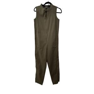 Eileen Fisher Organic Cotton Hemp Stretch Zip Front Ankle Jumpsuit in Moss xxs